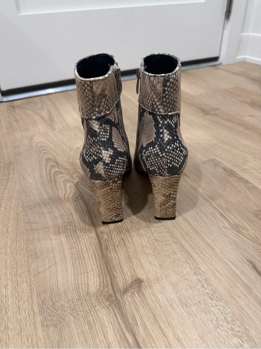 Steven By Steve Madden Snake-Print Pointed Toe Ankle Boots in Beige and Black